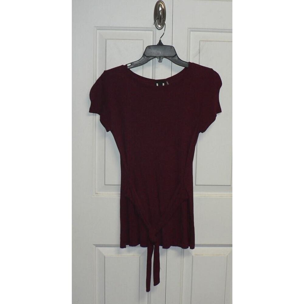 H By Bordeaux Tie Front Fine Ribbed Knit Short Sleeve Tee HT Dark Red MSRP $58